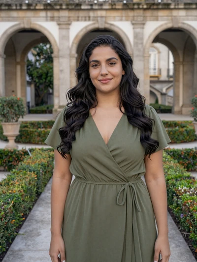 Leonor, 28, a Portuguese woman in a Baroque garden in Braga with stone archways