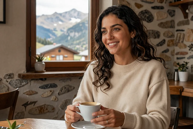 Andorran woman enjoying coffee at a rustic Pyrenean mountain café with mountain views