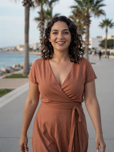 Chrysoula, 30, a Cypriot woman walking along Larnaca Finikoudes promenade with palm trees