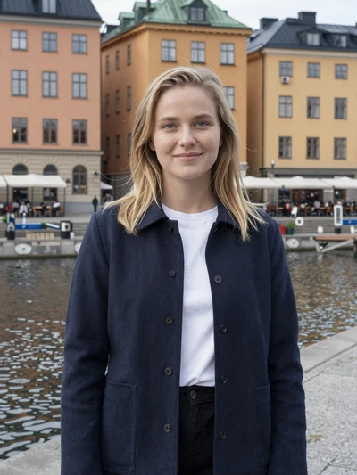 Greta, 27, Swedish woman with blonde hair by Stockholm waterfront with Gamla Stan behind