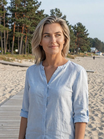 Līga, 31, an elegant Latvian woman with ash-blonde hair on the Jūrmala beach boardwalk