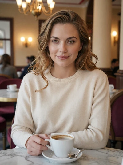 Magdalena, 29, an Austrian woman with light brown waves smiling at a traditional Viennese Kaffeehaus