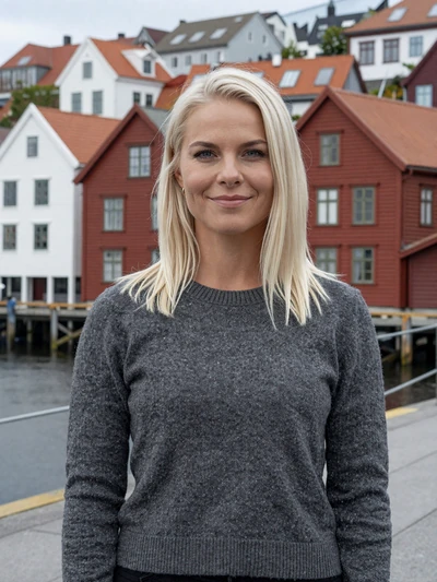 Ingrid, 30, a natural Norwegian woman at Bergen harbor with colorful houses