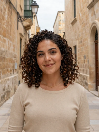 Antonia, 30, a warm Maltese woman in the medieval streets of Mdina with limestone walls