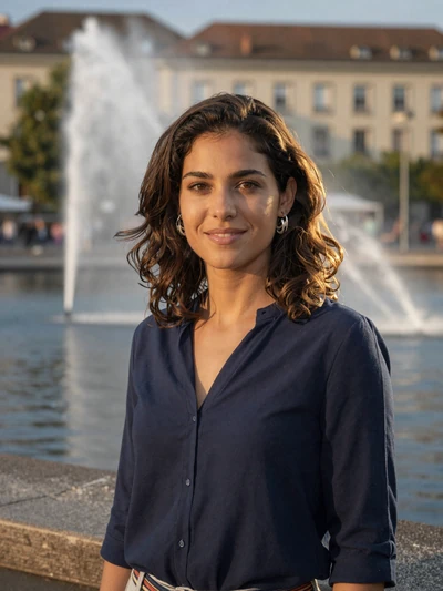 Nina, 26, a French Swiss woman with dark brown hair on the Geneva lakeside promenade