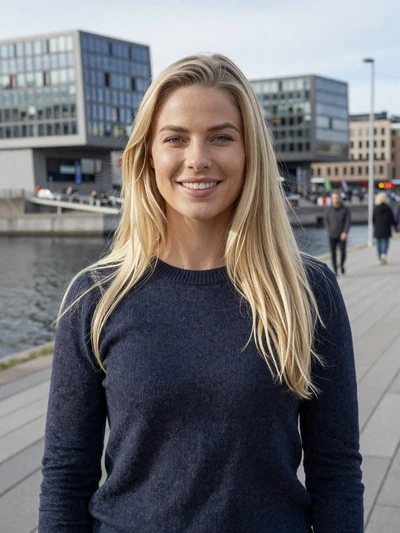 Ingrid, 29, a smiling Norwegian woman at the Oslo waterfront promenade