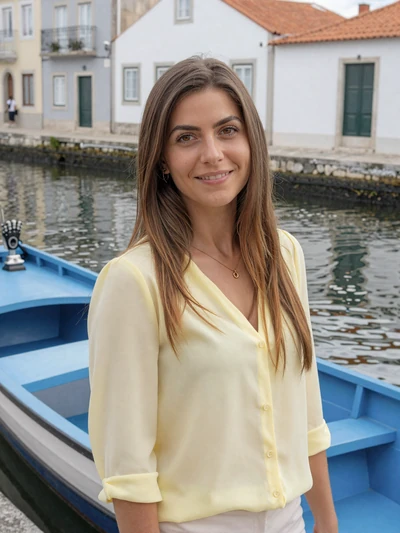 Madalena, 26, a playful Portuguese woman by a colorful moliceiro boat in Aveiro