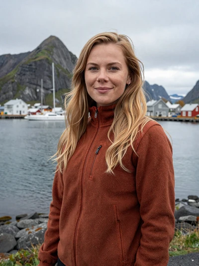Sigríður, 30, a honey-blonde Icelandic woman at Akureyri harbor with fjord mountains behind