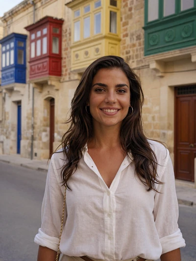 Maria, 28, a smiling Maltese woman on a historic Valletta limestone street with colorful balconies