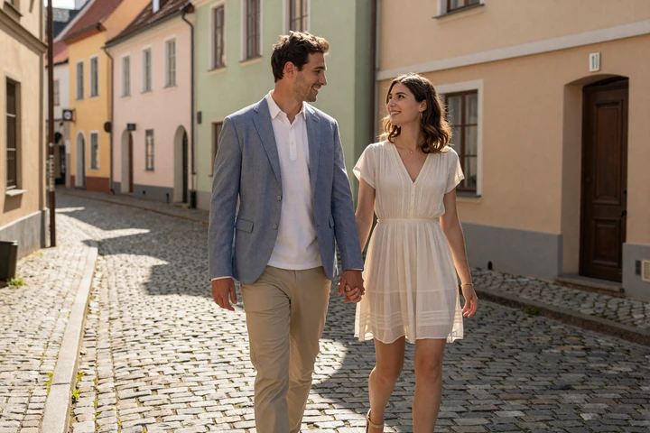 American man and European woman walking hand in hand through a charming European old town street at golden hour