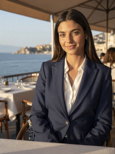 Chloé, 29, an elegant Monacan woman at a Monte Carlo terrace cafe with sea views
