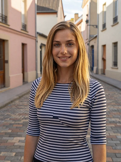 Léa, 29, a blonde French woman in Breton stripes on a Lyon cobblestone street