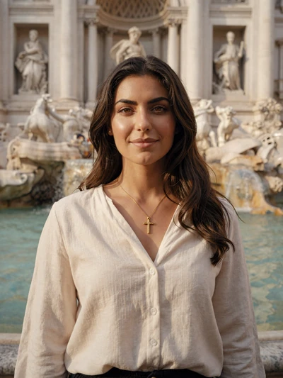 Beatrice, 29, an Italian woman with dark wavy hair smiling on a Roman piazza near the Vatican