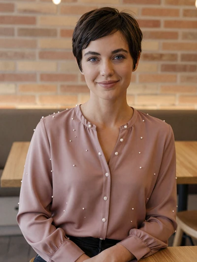 Élodie, 33, a sophisticated French woman with pixie cut at a Toulouse cafe