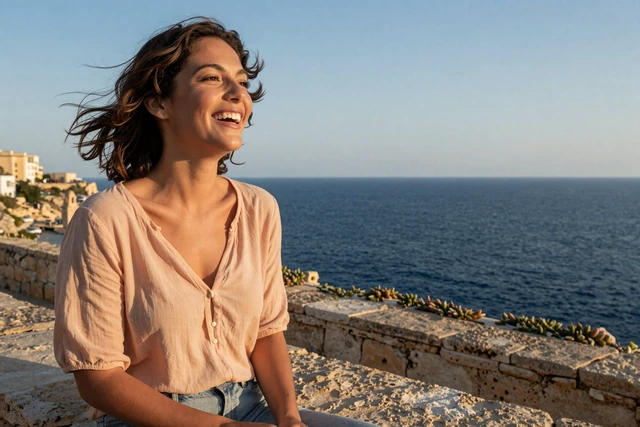 Joyful Maltese woman laughing on a stone wall overlooking the Mediterranean sea in Gozo