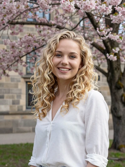 Klara, 24, a golden-blonde Swedish woman among cherry blossoms at Lund University