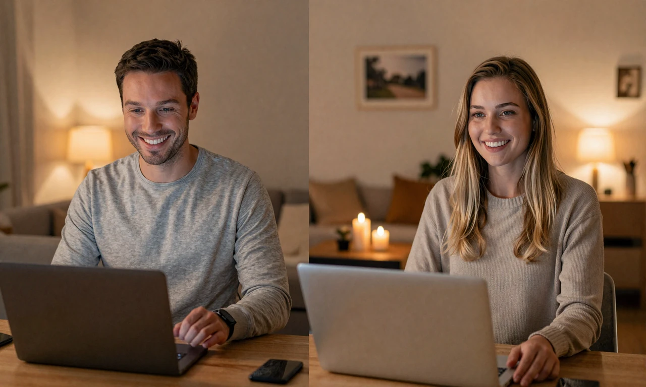 American man and Dutch woman on a cozy video call, both smiling warmly at their screens