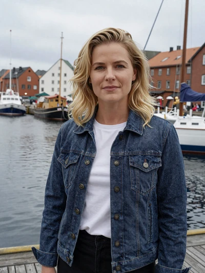 Maja, 31, an athletic Swedish woman with honey-blonde hair at Gothenburg harbor