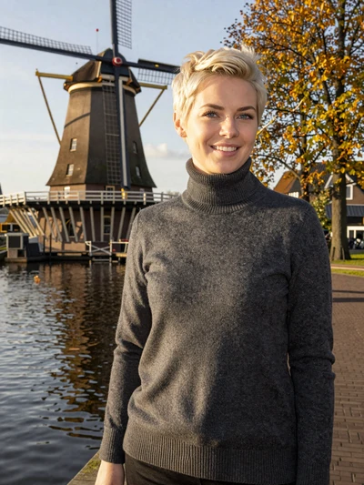 Iris, 36, a platinum blonde Dutch woman near a historic windmill in Leiden