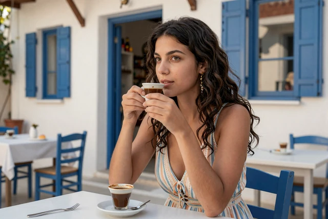 Cypriot woman enjoying traditional coffee at a village cafe with whitewashed walls and blue shutters