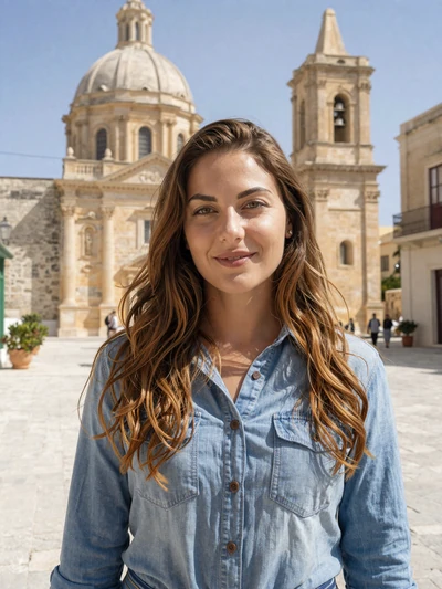 Francesca, 27, a friendly Maltese woman in a Gozo village square with a baroque church behind