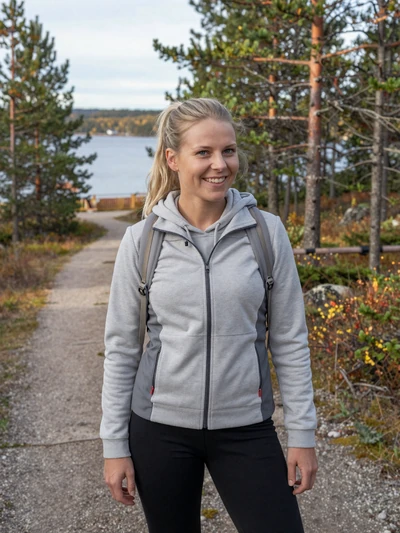 Vilma, 27, an athletic Finnish woman with ash blonde ponytail on a hiking trail near Lahti