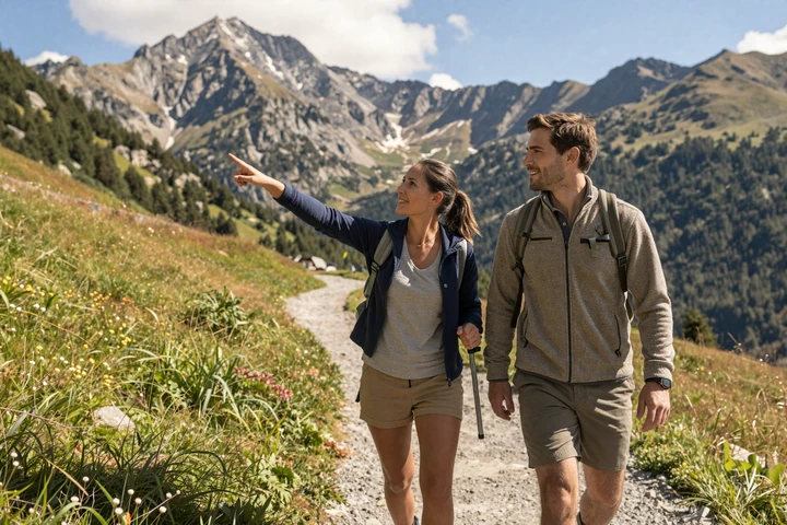 Couple hiking together on a scenic Pyrenean mountain trail in Andorra during summer