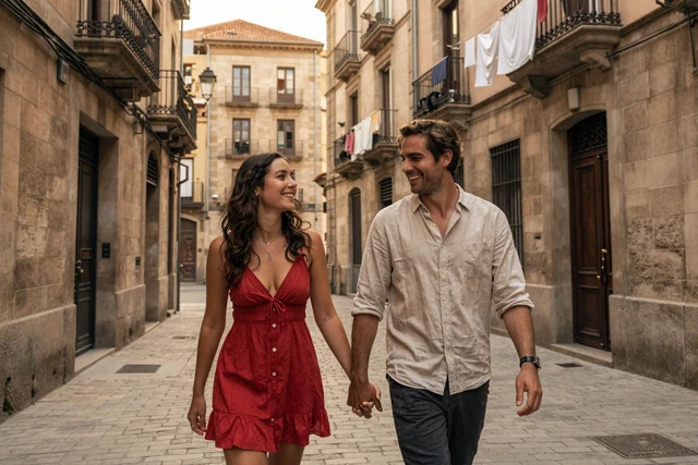 Couple walking hand in hand through a charming cobblestone street in Barcelona Born neighborhood at golden hour