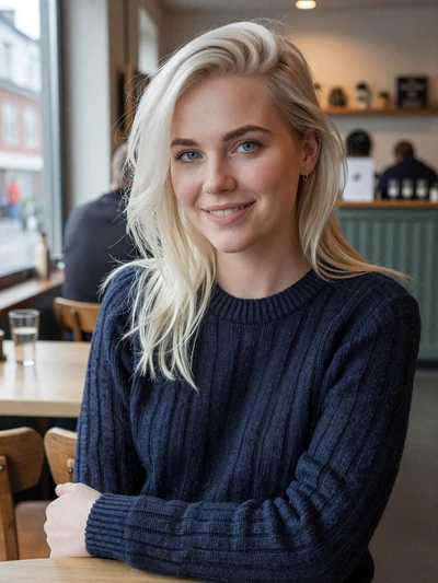 Björk, 28, a platinum blonde Icelandic woman smiling warmly at a cozy Reykjavik coffee shop