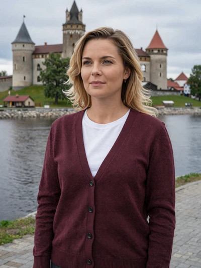 Marika, 30, an Estonian woman by the Narva River with castle backdrop