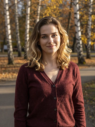 Laima, 27, a Latvian woman with dark blonde hair in a birch tree park in Daugavpils