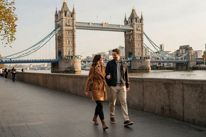 Couple walking along London Thames embankment with Tower Bridge in background at golden hour