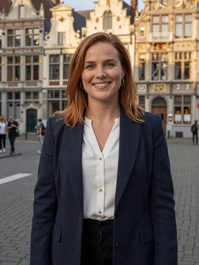 Céline, 30, an auburn-haired Belgian woman on a historic Antwerp street