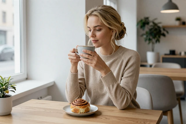 Stylish Swedish woman enjoying fika with coffee and kanelbulle at a minimalist Stockholm café