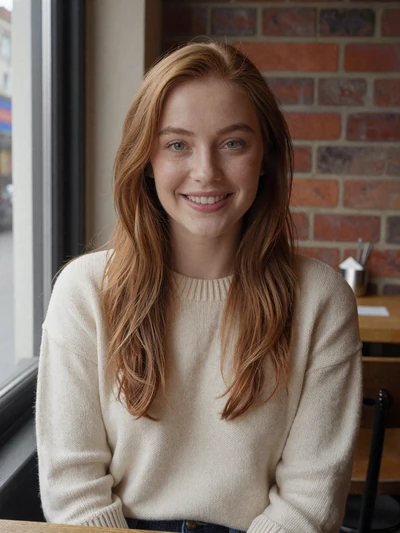 Aoife, 28, a smiling Irish woman with auburn hair at a cozy Dublin café