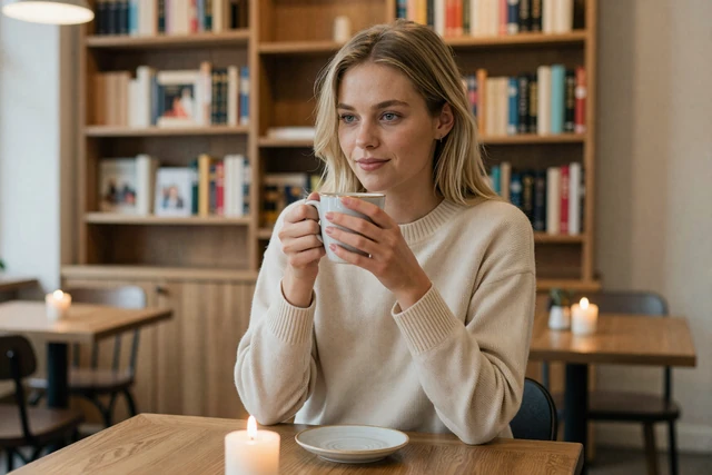 Stylish Danish woman enjoying coffee at a cozy candlelit Copenhagen cafe with hygge atmosphere