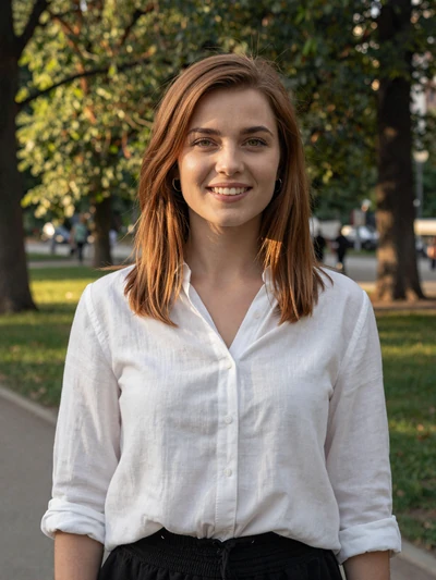 Klara, 26, German woman with auburn hair smiling in a sunlit Berlin park