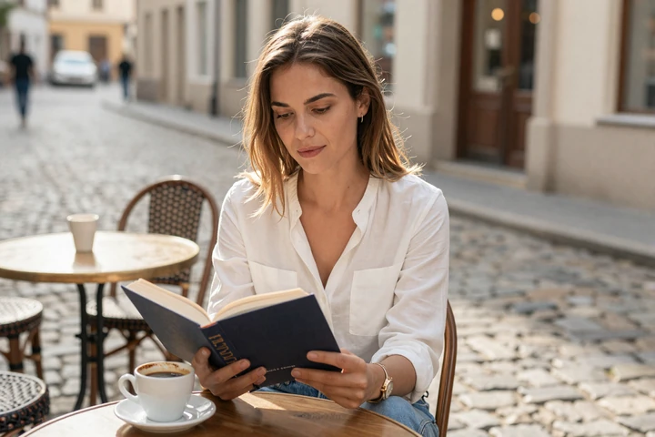 Confident European woman reading at an outdoor cafe representing educated independent European singles