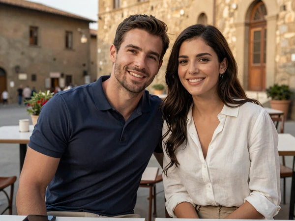 James from Austin and Sofia from Florence sharing a coffee at a Tuscan cafe