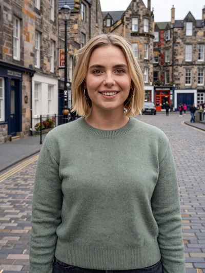 Sophie, 26, a blonde British woman on an Edinburgh cobblestone street