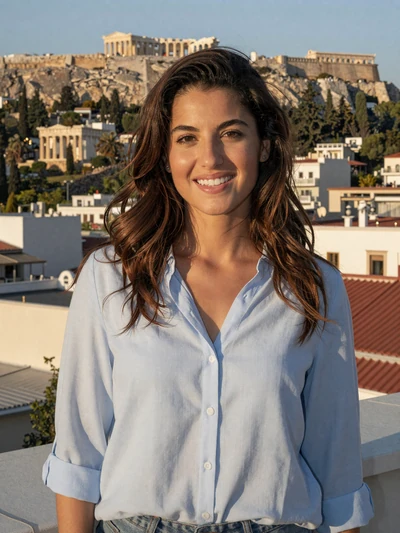 Dimitra, 28, Greek woman smiling on an Athens rooftop with the Acropolis behind her