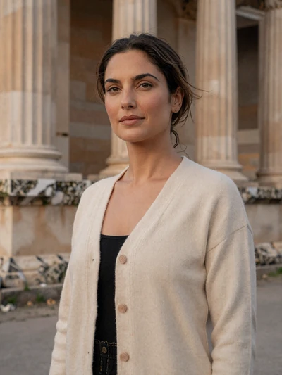 Matilde, 37, an elegant Portuguese woman near the Roman Temple of Diana in Évora