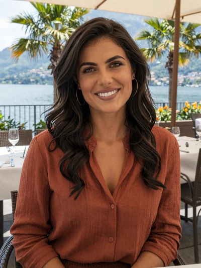Chiara, 31, an Italian Swiss woman with dark wavy hair at a Lugano lakeside terrace