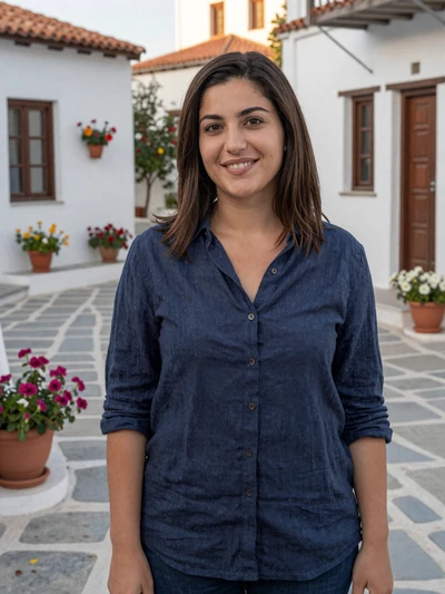 Stavroula, 32, a Cypriot woman smiling in a charming village square with white stone buildings