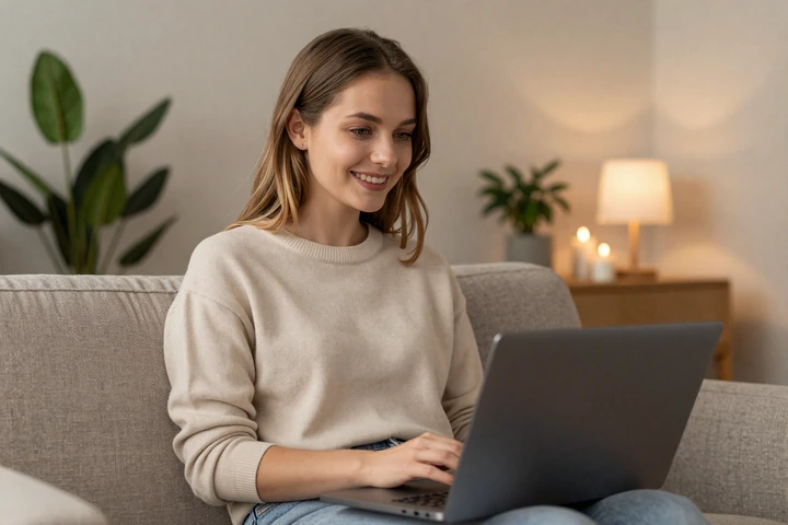 Smiling European woman on a cozy sofa during a video date with warm ambient lighting