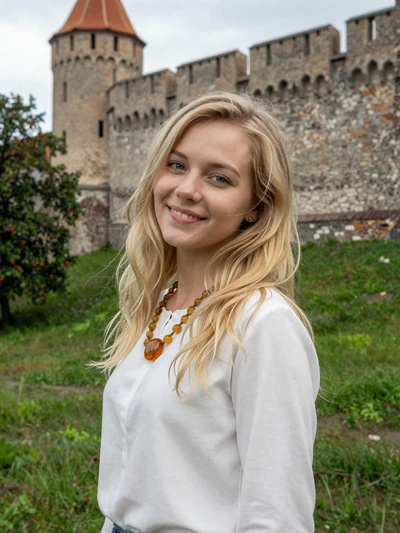 Sanita, 25, a Latvian woman wearing amber jewelry in front of medieval Cēsis Castle