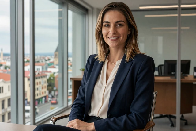 Professional Luxembourg woman in a modern office lounge with European city views