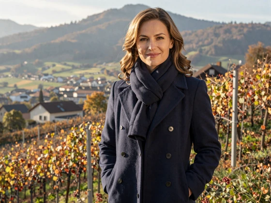 Elegant Liechtenstein woman standing in vineyards above Vaduz with Rhine Valley and Swiss mountain panorama in autumn light