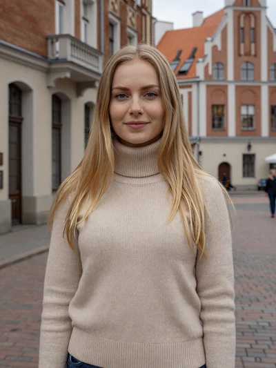 Ilze, 26, Latvian woman with blonde hair near Art Nouveau buildings in Riga