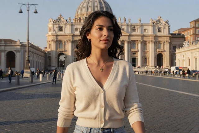 Elegant Italian woman walking a sunlit Roman street with St Peter's Basilica dome in the background